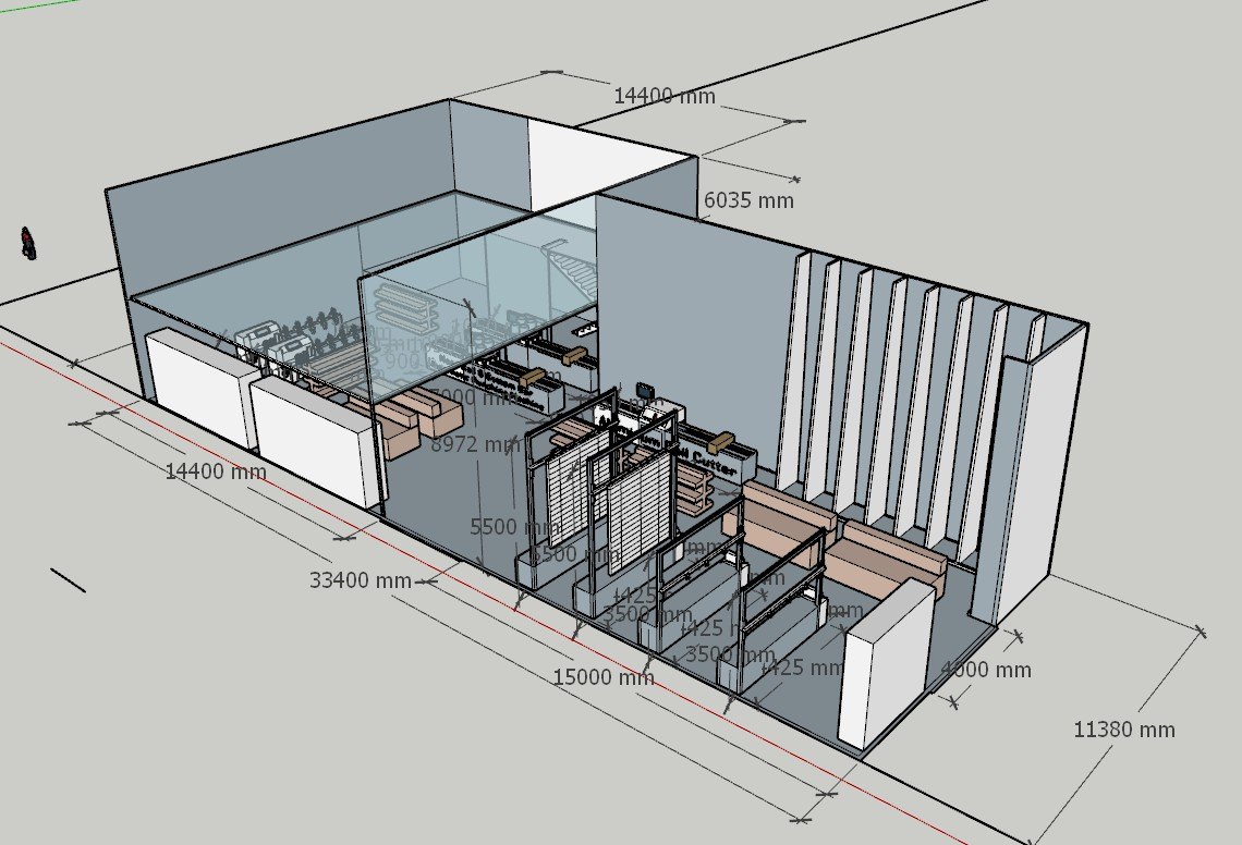 3D floor plan of a window covering plant with dimensions