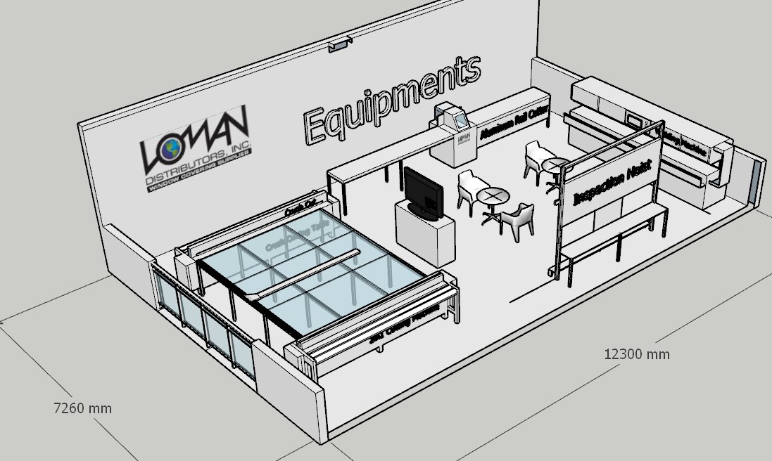 3D model of a showroom and equipment display area